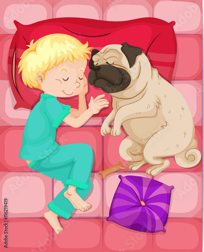 Boy sleeping with pet dog in bed