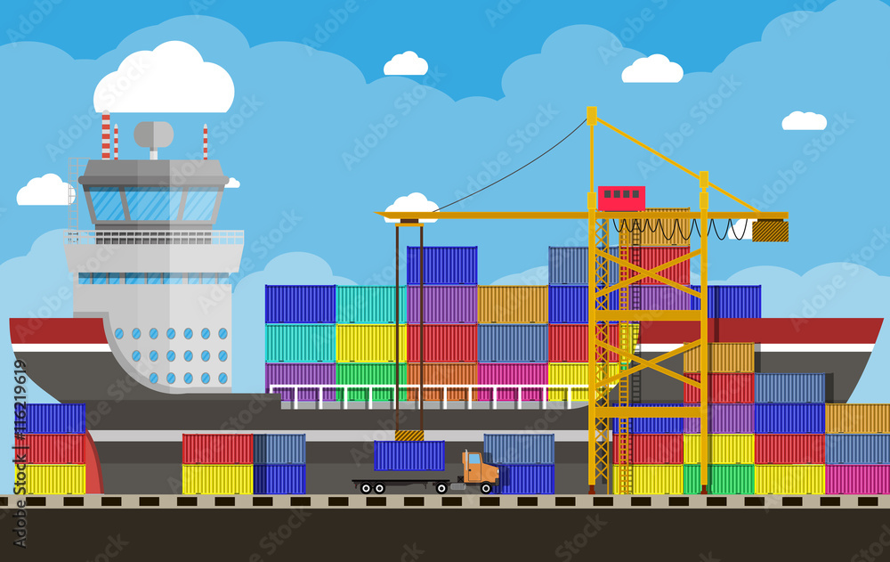 cargo ship, container crane, truck. port logistics