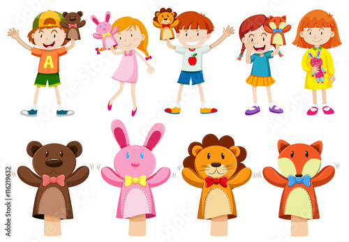 Boys and girls with hand puppets photo