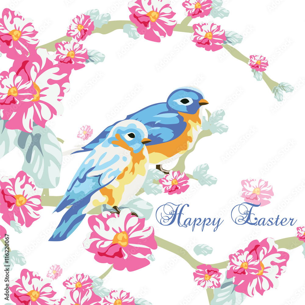 Spring Card with Watercolor flowers and pigeons. Beautiful Easter card with blossom flowers and pigeons. Rose quartz and Serenity color. Vector