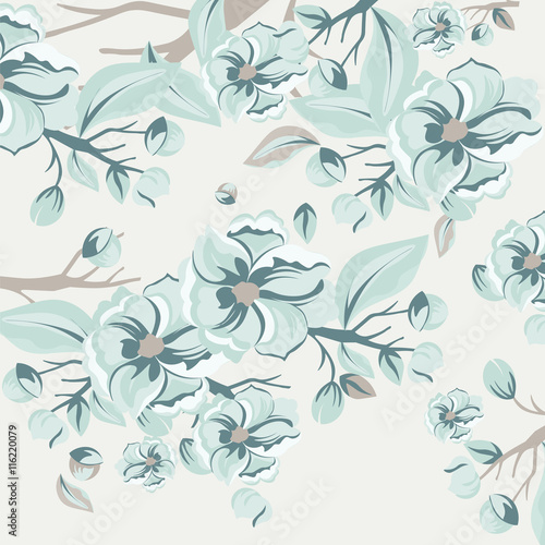 Vintage Watercolor Spring Flowers Background. Blooming Flowers background. Flower blossom tree branch. Vintage background for textile, texture, wallpaper, invitation, greeting, wedding. Serenity color