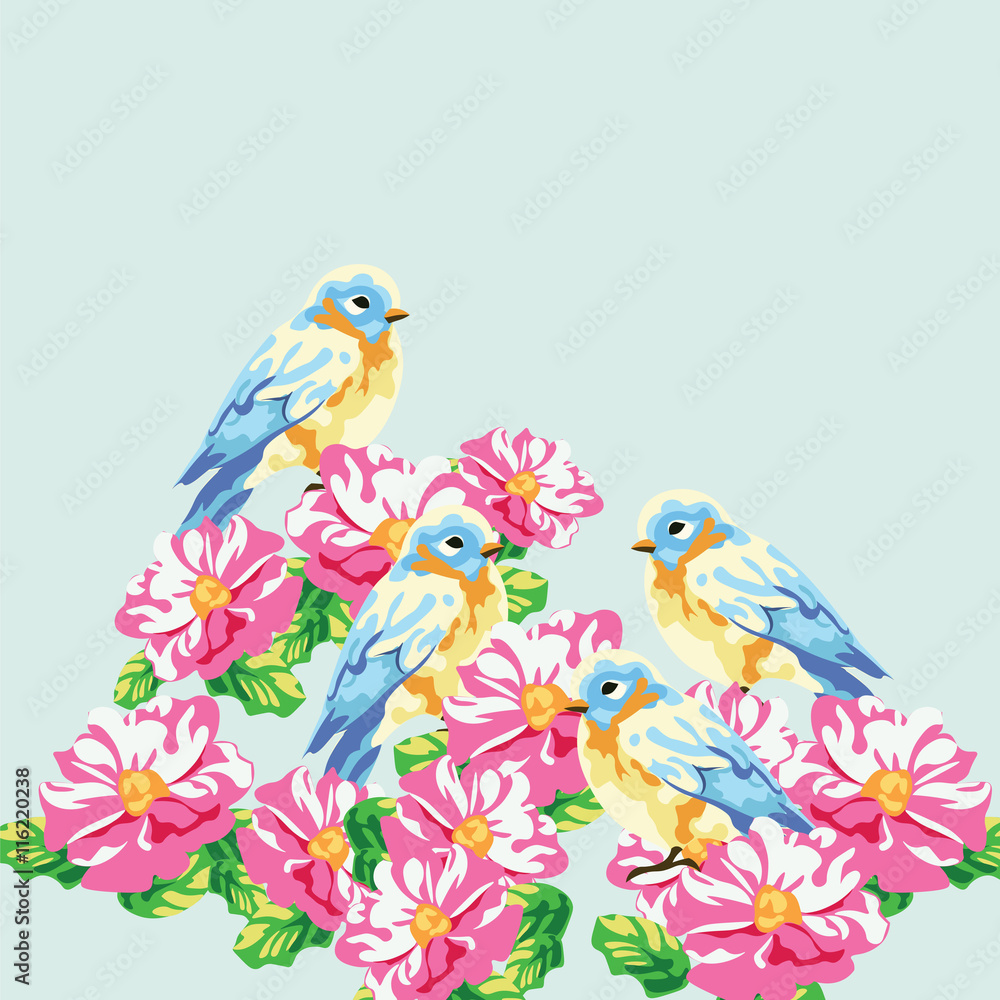 Vector illustration blooming tree and pigeons in watercolor technique. Beautiful Spring Time flower and birds composition design for backgrounds, cards, wallpaper etc