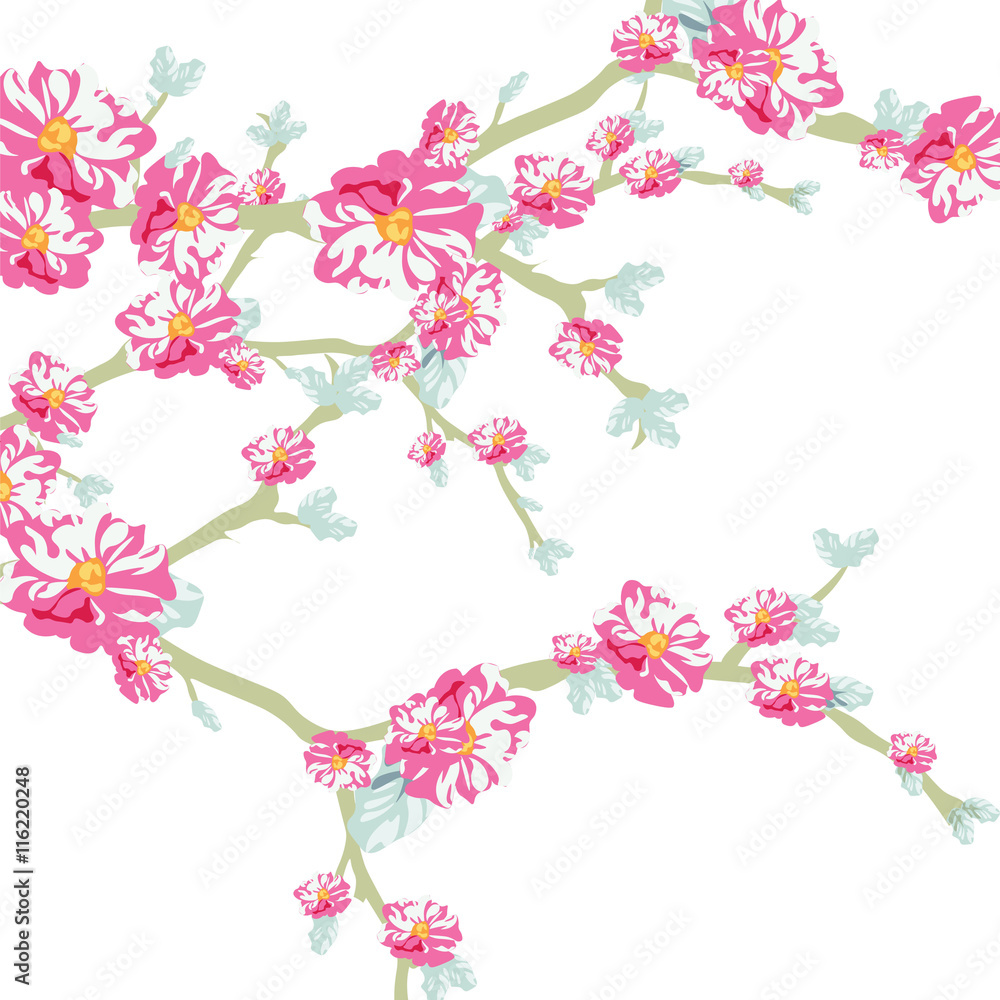 Vector illustration blooming flowers on tree branch in watercolor technique. Spring Time flowers background