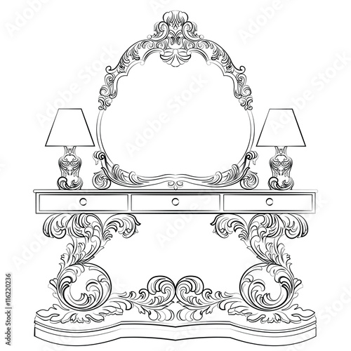 Glamorous Fabulous Baroque Rococo Console Table and Mirror frame set. Vector French Luxury rich carved ornaments furniture and Wall lamps. Victorian wealthy Style furniture