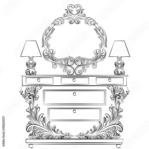 Glamorous Fabulous Baroque Rococo Console Table and Mirror frame set. French Luxury rich carved ornaments furniture and Wall lamps. Vector Victorian wealthy Style furniture