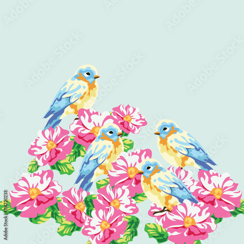 Vector illustration blooming tree and pigeons in watercolor technique. Beautiful Spring Time flower and birds composition design for backgrounds, cards, wallpaper etc