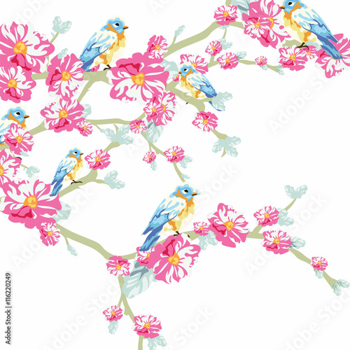 Vector illustration blooming tree and pigeons in watercolor technique. Beautiful Spring Time flower and birds design for backgrounds, cards, wallpaper etc