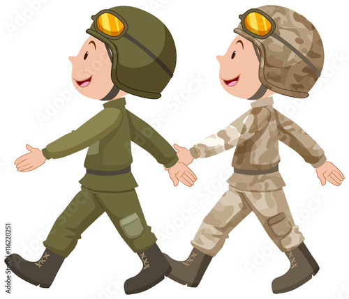 Two soldiers in uniform marching