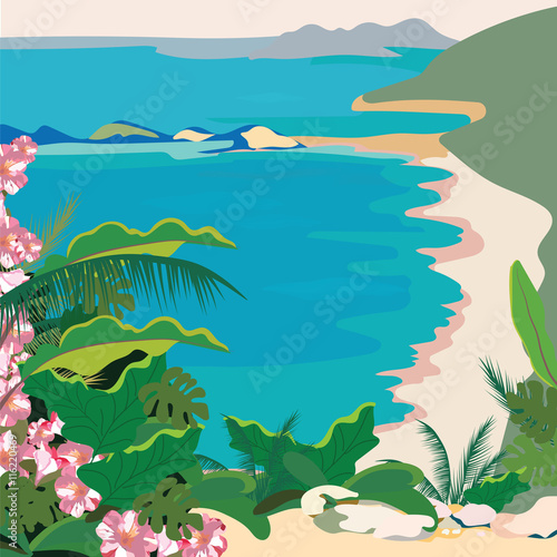 Exotic Paradise Beach. Summer Beach Tropics with Palm trees and flowers. Vect...