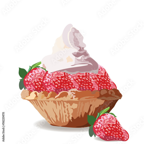 Tart cake with strawberry and cream. Vector Delicious realistic illustration