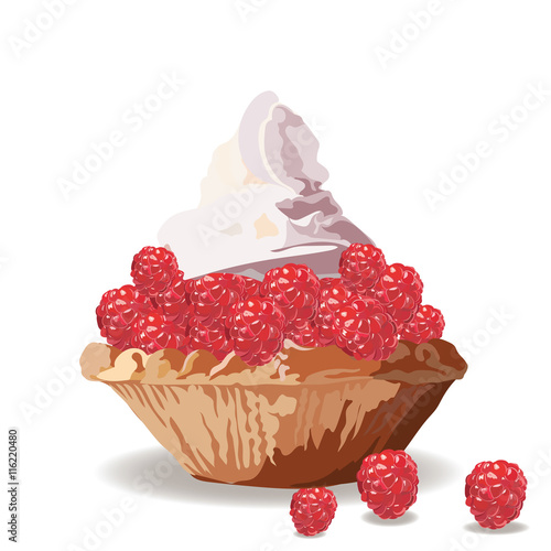 Tart cake with raspberry and cream. Vector Delicious realistic illustration