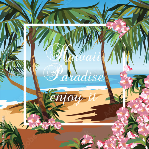 Tropical Exotic Paradise Beach. Summer Beach with Palm trees and flowers. Vec...