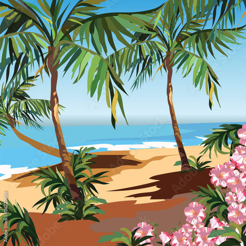 Tropical Exotic Paradise Beach. Summer Beach with Palm trees and flowers. Vec...