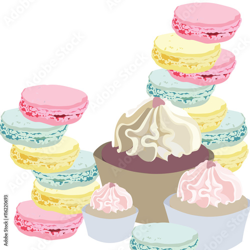 Cupcakes and Macaroons Vector. Colorful dessert background illustration