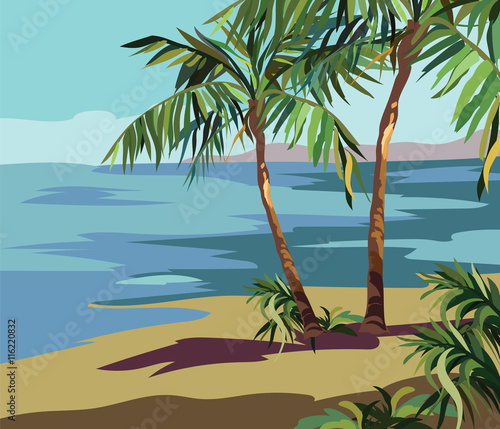 Tropical Exotic Summer Beach with Palm trees and flowers. Vector background card
