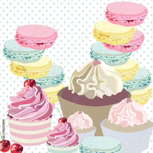 Cupcakes and Macaroons on dotted retro background Vector.  Colorful delicious...