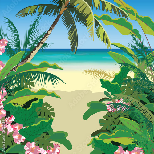Exotic Paradise Beach. Summer Beach Tropics with Palm trees and flowers. Vect...