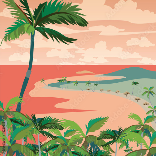 Vector Sunset Tropic Beach with Palm trees. Vector summer background card