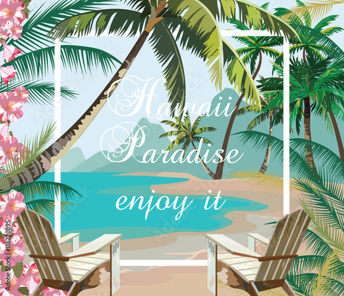 Tropical Exotic Paradise Beach. Summer Beach with Palm trees and flowers. Vec...