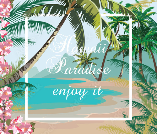 Tropical Exotic Paradise Beach. Summer Beach with Palm trees and flowers. Vec...