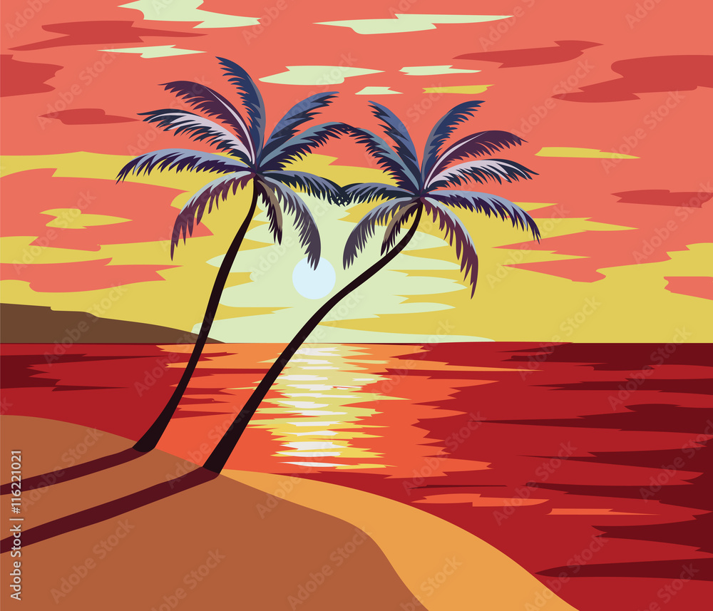 Sunset Beach Vector illustration. Summer Sunset seaside with palm trees Vector