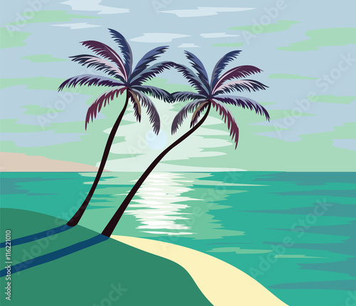 Summer Beach Vector illustration. Summer seaside shore with palm trees Vector © castecodesign