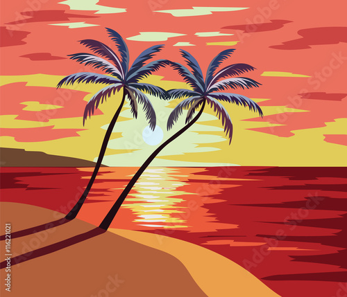 Sunset Beach Vector illustration. Summer Sunset seaside with palm trees Vector © castecodesign