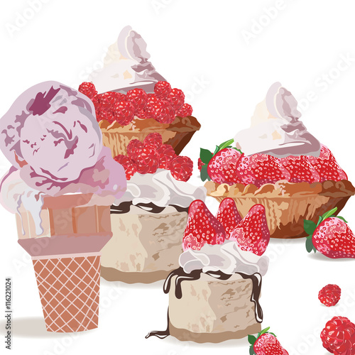 Sweet treats delicious ice cream and cakes. Vector realistic strawberry and raspberry fruit cakes illustration
