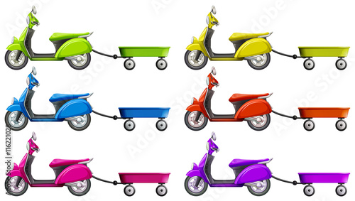 Scooters and wagon in different colors