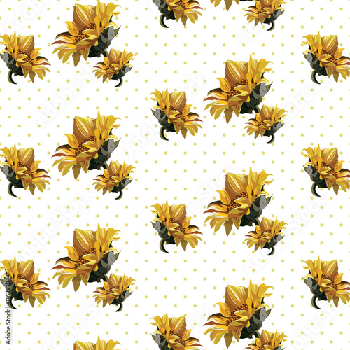 Watercolor Vintage Sunflower pattern background. Vector flower pattern on dot...