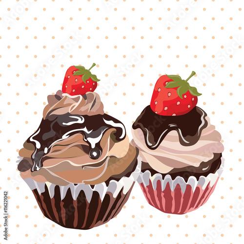 Delicious Strawberry and chocolate Cupcakes on Retro dotted pattern Vector