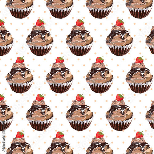 Chocolate cupcake pattern background. Vector cupcake dessert pattern. Delicious cupcake with Melted chocolate top and strawberry