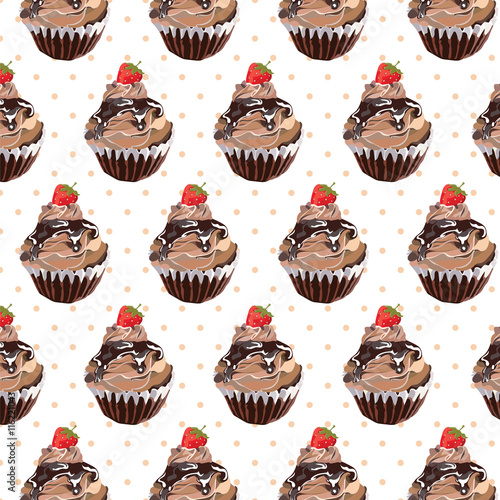 Chocolate cupcake pattern background. Vector cupcake dessert pattern. Delicio...