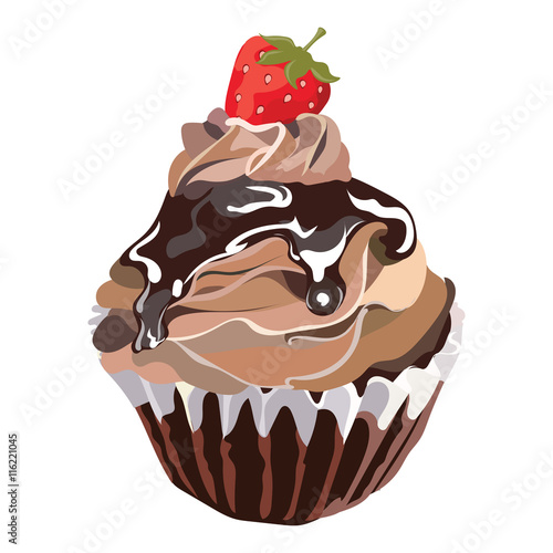 Delicious Strawberry and chocolate Cupcake isolated on white Vector