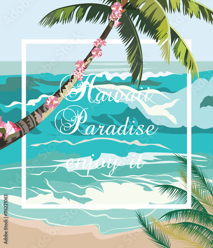 Tropical Exotic Summer Beach waves and Palm trees. Vector background card