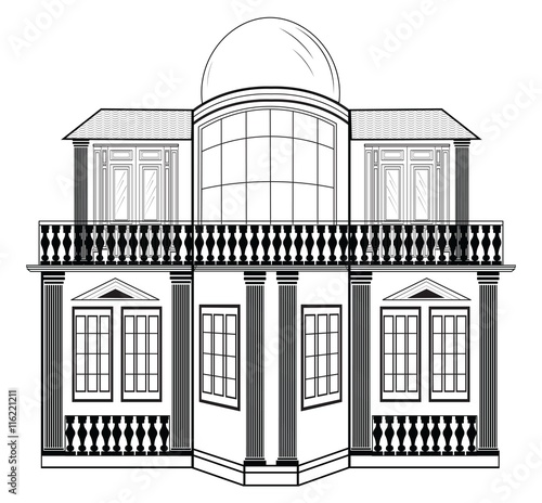 Architectural Facade Vector. Wire frame blueprint drawing of classic  buildin...