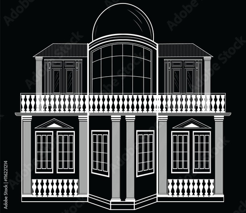 Architectural Facade Vector. Wire frame blueprint drawing of classic  buildin...