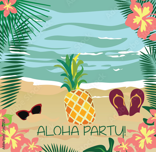 Summer beach with Palm leaves, ananas fruit and flowers.  Hawaii tropic Card....