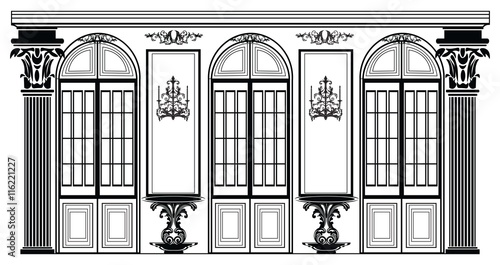 Vector architectural facade. Wire frame blueprint drawing of classic luxury building. Vector architectural template background