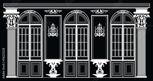 Vector architectural facade. Wire frame blueprint drawing of classic luxury building. Vector architectural template background
