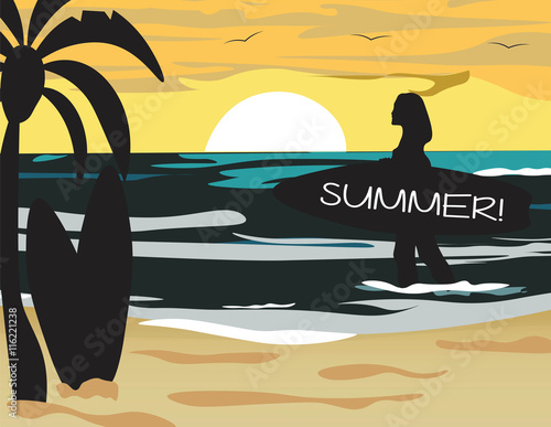 Summer Beach Vector with silhouette woman surfing