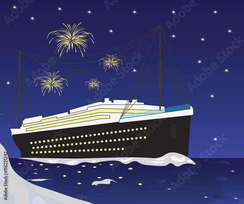 Cruise Ship boat and fireworks Vector