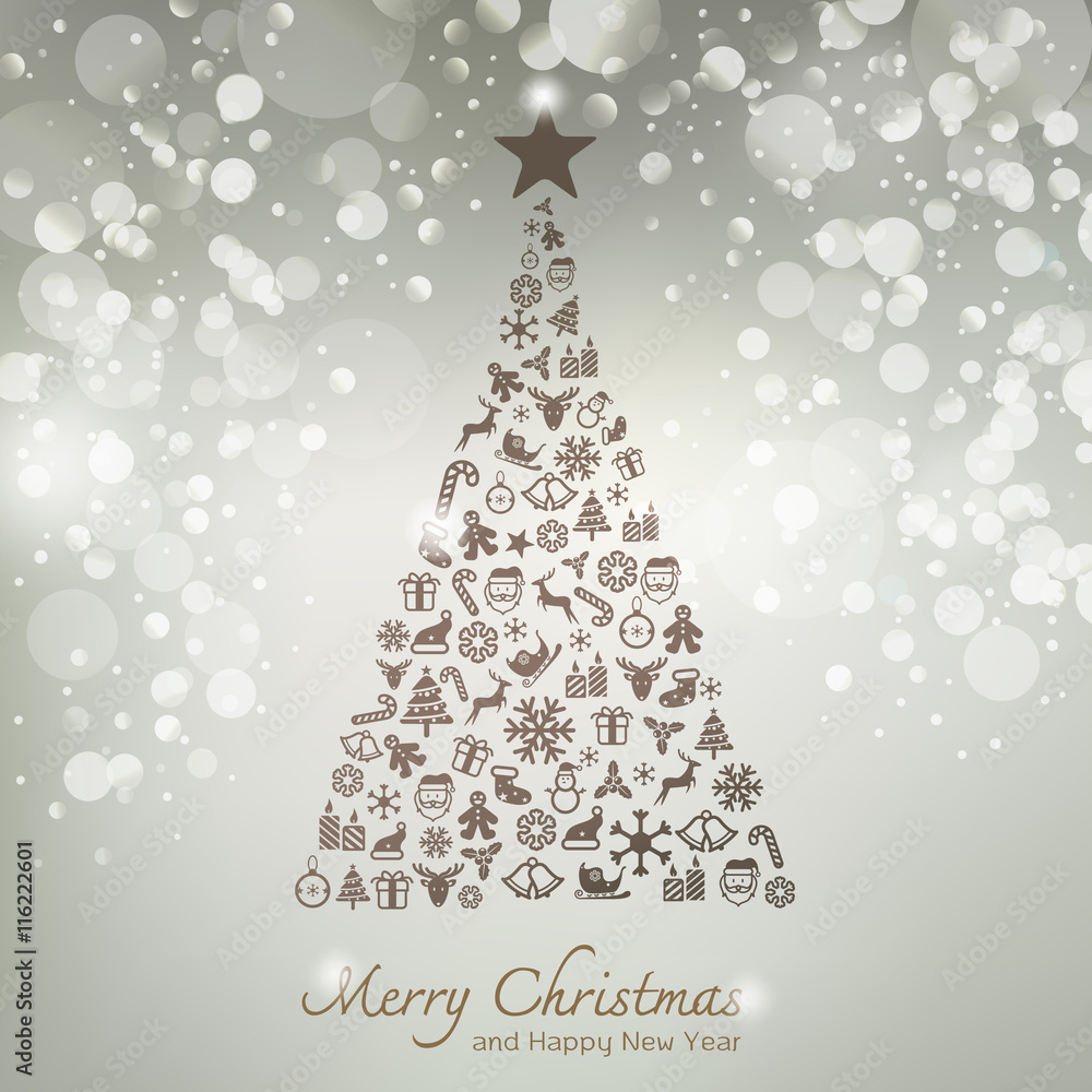 Christmas icons in pine tree shape greeting card background Christmas icons in pine tree shape greeting card background