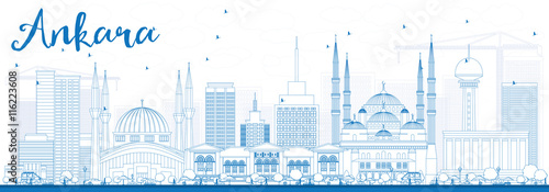 Outline Ankara Skyline with Blue Buildings.