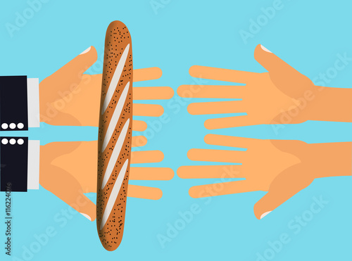 Feed the hungry. Give Food. Hands handing bread or food to another pair of hands belonging to a hungry person