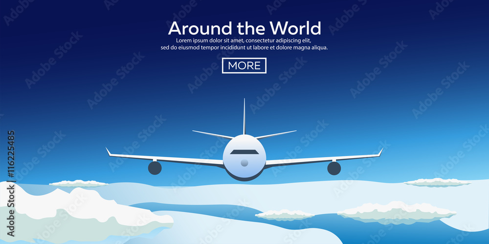 Fototapeta Around the World. Tourism. Travelling illustration. Modern flat design. Travel by airplane, vacation, adventure, trip.