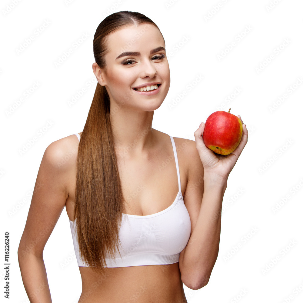 portrait of attractivesmiling woman holding apple isolated on white portrait of attractivesmiling woman holding apple isolated on white