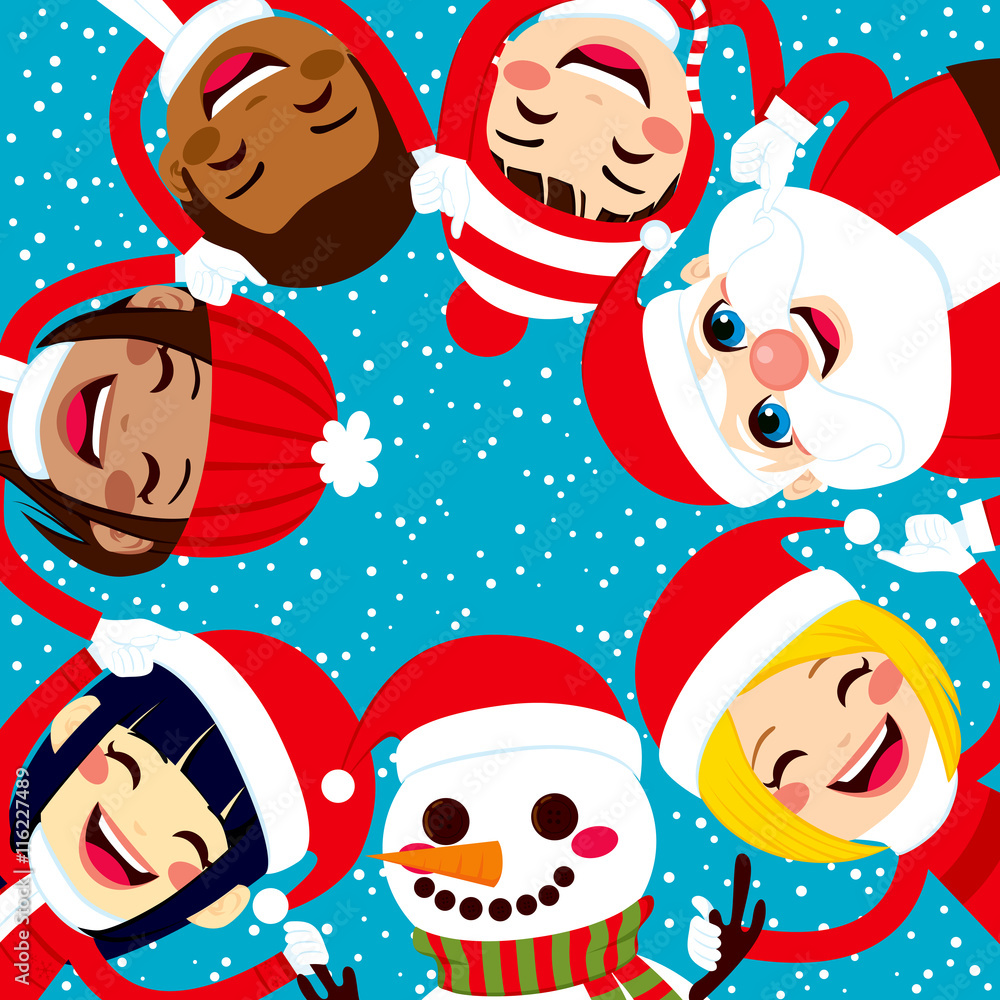 Multiracial group of happy smiling children with Santa Claus and Snowman holding hands together in circle Multiracial group of happy smiling children with Santa Claus and Snowman holding hands together in circle
