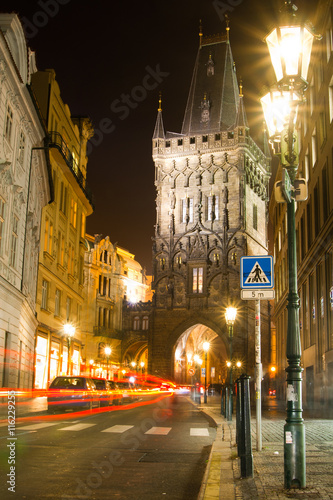 Night View Of The Powder Tower Or Powder Gate. This Landmark Is A Gothic Tower In Prague, Czech Republic. It Is One Of The Original City Gates, Dating Back To The 11th Century. © Alex Shirmanov