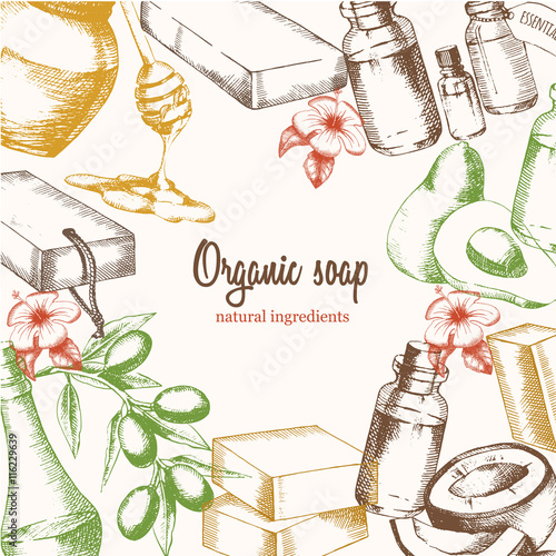 Set of components for organic soap arranged in a circle. Sketch freehand drawing in graphic style.  It can be used as background. Vector illustration